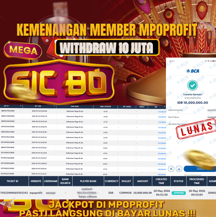 MPOPROFIT JACKPOT LIVE KASINO! KEMENANGAN MURNI DI (SIC BO TOTAL RP 10.000.000,- LUNAS)